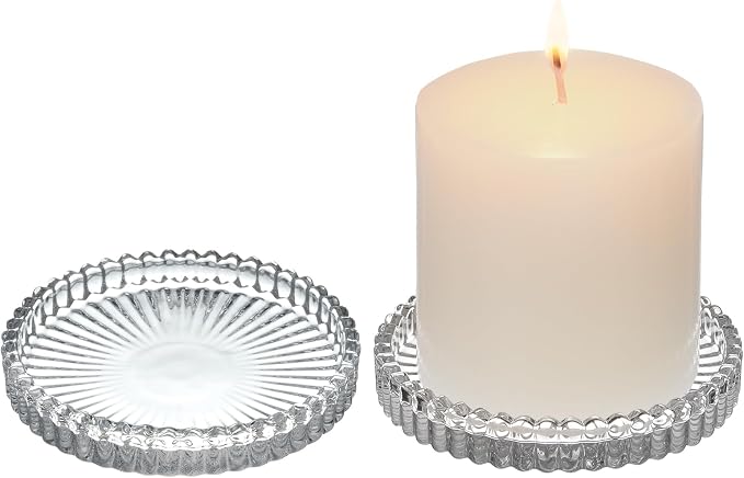 2 Pack Glass Pillar Candle Holders 4 Inch Ribbed Edge Design Decorative Candle Plate with Serrated Edges Crystal Clear Display Stand for Wedding Home Decor Table Centerpieces
