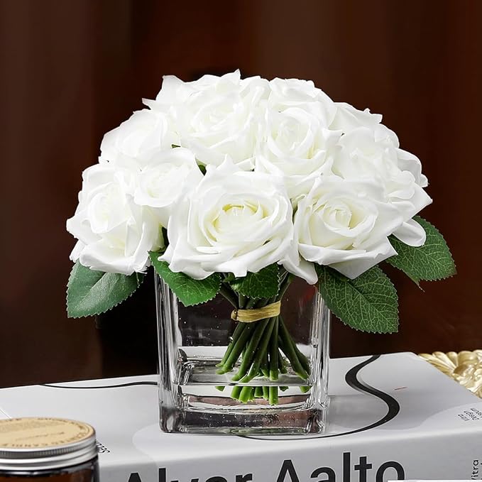18 Heads Faux Rose Flowers in Vase, Fake Rose Flowers Arrangement in Vase with Fake Water for Dining Table, Wedding Decor (Cream)