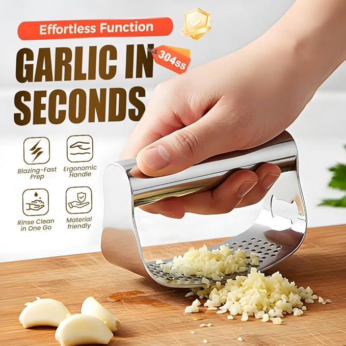 Garlic Press Rocker,Stainless Steel Garlic Presser,Crusher and Chopper,Kitchen Garlic Mincer Tool with Peeler & Cleaning Brush,For Extract Garlic Paste (1 SET)