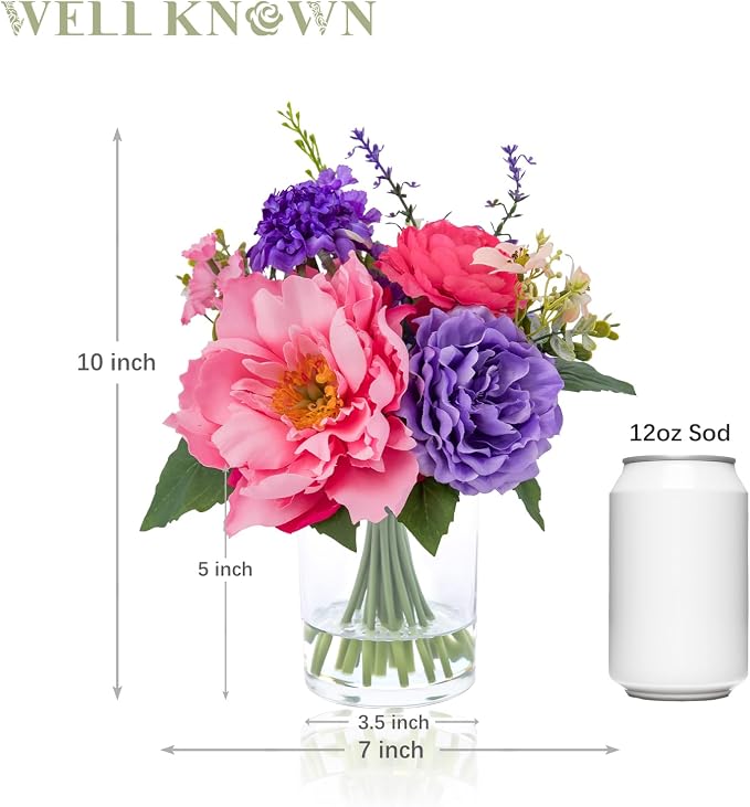 WELL KNOWN Artificial Flowers in Vase with Fake Water, Pink & Purple Silk Flowers Fake Ranunculus Peonies Lilac Bouquet for Home Wedding Party Dining Table Baby Shower Decor & Birthday Gift (Violet)