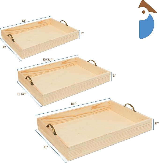 Unfinished Wood Nesting Serving Trays with Handles, 2 Sets of 3, Play Tray for Crafting, Resin, Organizing, & DIY Décor, by Woodpeckers