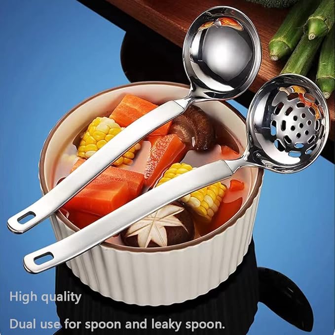 Collfa Small Soup Ladle Metal SUS304 Stainless Steel Ladles Spoon And Slotted Colander Spoon Set Soup Ladle With Holes Strainer Scoop Ladles For Serving Gravy Hot Pot Or Restaurant,2 Piece Set