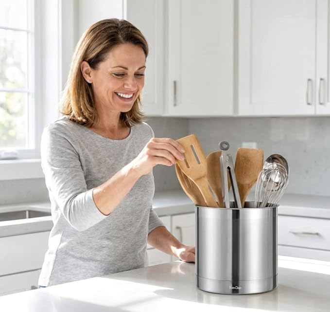KSENDALO Stainless Steel Utensil Holder 7x7inch Large Utensil Holder for Countertop, Round Utensil Caddy for Spoons, Silverware, and Spatulas for Kitchen, Silver