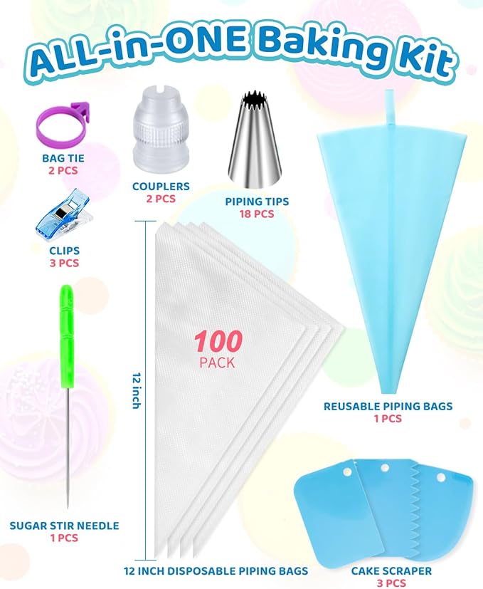 130 Pcs Piping Bags and Tips Set, Cakes Decorating Kit Supplies with 100 Pcs 12 Inch Piping Bags, 1 Reusable Pastry Bags, 18 Tips, 2 Couplers, 2 Bags Ties, 3 Clips, 1 Scriber Needle, 3 Cake Scraper