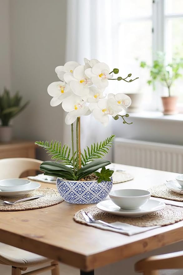 Oairse White Orchids Artificial Flowers in Pot 16.1" Faux Orchids Plant in Blue and White Pot Real Touch Fake Phalaenopsis Flower Arrangement Dinner Table Centerpiece for Dining Room Bathroom Decor