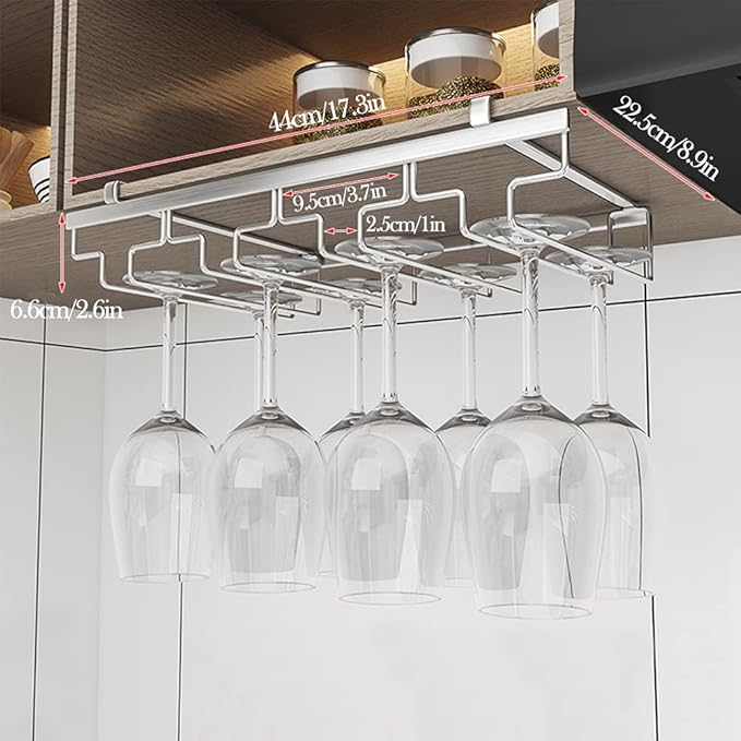 Hanging Wine Glass Rack, Nails-Free Under Cabinet Stemware Rack, Stainless Steel Glasses Storage Hanger for Home Kitchen Bar (4 Slots 8-12 Cups)