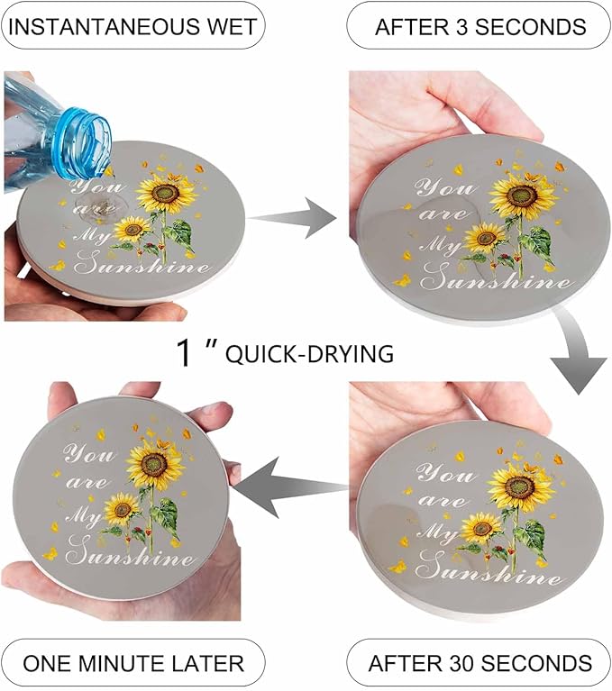 Coasters Set of 4 Sunflowers Drink Coasters with Holder Absorbent Stone Ceramic Cup Mat Grey Butterfly You are My Sunshine Coaster for Drinks Coffee Bar Office Kitchen Cafe Home Decor