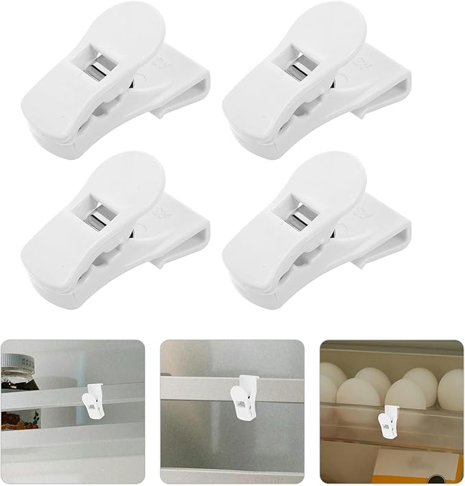FUOYLOO 4pcs Refrigerator Divider Clamps White Small Food Partition Board Clips Fridge Side Door Organizer for Kitchen Storage and Freezer Shelf Management
