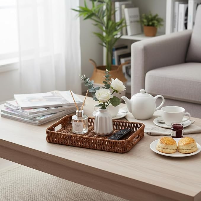 3pcs Rectangular Serving Tray with Handles, Decorative Wicker Organizer Baskets Storage Tray for Coffee Table, Bread, Fruit, Snacks, Centerpiece Decor