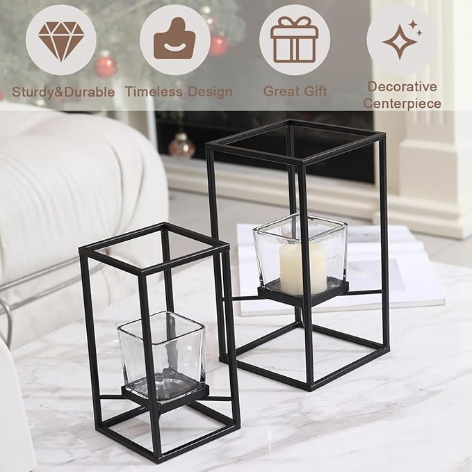 Set of Candlestick Holders in Two Sizes, Versatile Square Glass Candle Holder with Black Frame, Moden Style Candle Stand for Home Decor, Wedding, Party & Table Centerpiece