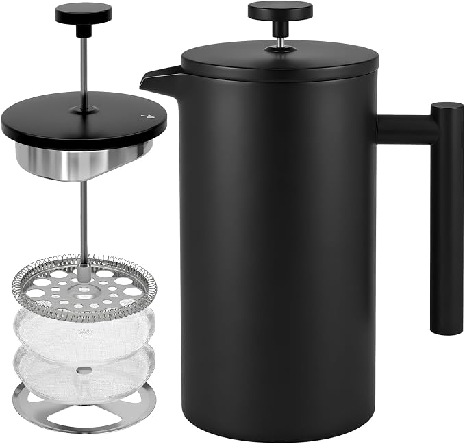 French Press Coffee Maker, 304 Grade Stainless Steel French Press with 2 Extra Filters for Home, Office, Travel, Camping - 34OZ/2 Litre (Black)