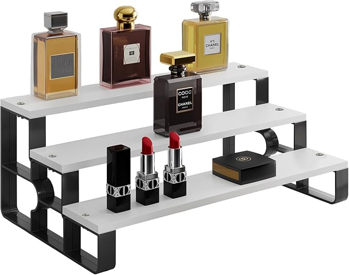 GRELY 3 Tier Perfume Organizer for Women, Makeup Display Stand Holder, Wooden Bathroom/Vanity Shelf, Lipstick & Skincare Storage, Valentine's Day Gift for Her (White, 14")