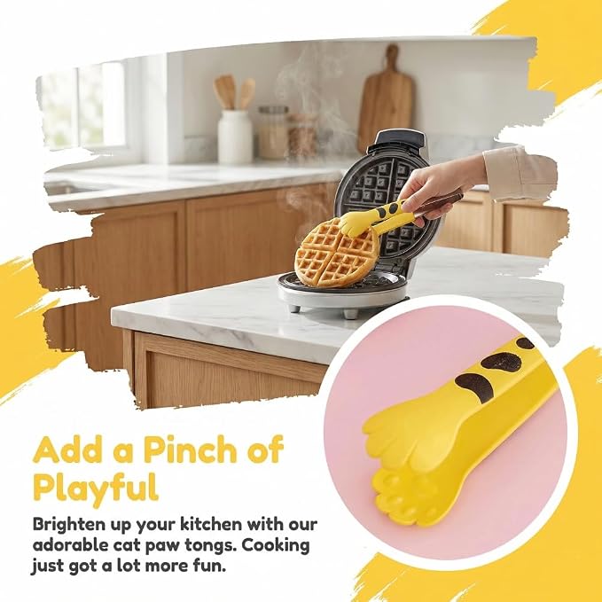 Kitchen Cooking Tongs – Cute Paw Shape Stainless Steel Salad Tongs for Cooking and Barbecue, Food Serving Utensil with Non-Slip Grip(Yellow Small)