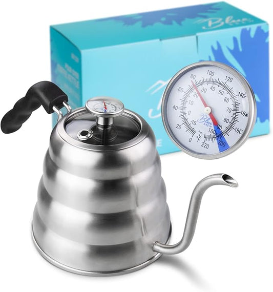 Blue Brew Gooseneck Kettle Stovetop, Tea Pot with Thermometer, 40oz Pour Over Coffee Maker for Coffee & Tea, Stainless Steel Coffee Kettle, Compatible with Electric Stove & Gas Stove (BB1201)