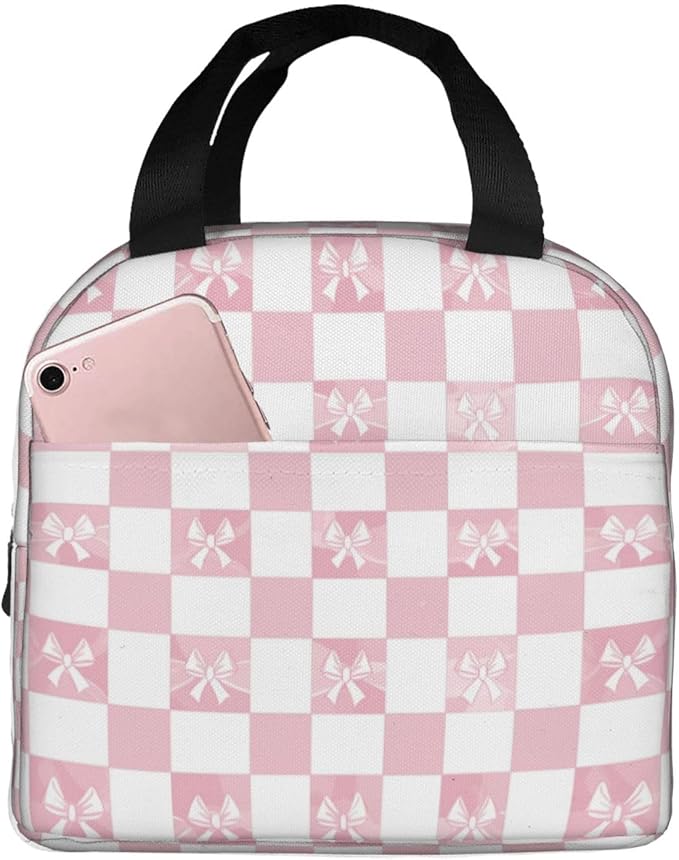Lunch Bag Pink Check Bow Pattern Insulated Lunch Box Cooler Tote for Adults Student Boys Girls Women Men Work Office School Picnic Beach Reusable Lunchbox Over 3 Years Old