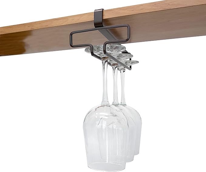 Bronze Wine Glass Holder under Cabinet, Hanging Stemware Rack under Shelf, No Screw No Drill Wine Glass Storage Organizer, Set of 2