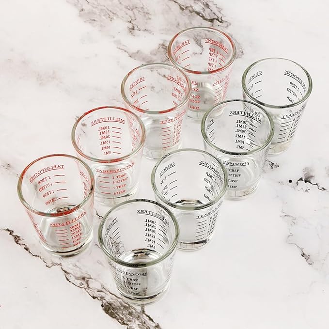 Set of 4 Shot Glasses - Heavy Glass, Perfect for Measuring Espresso, Wine, and More 26-Incremental Measurement 1oz, 6 Tsp, 2 Tbs, 30ml (4, Red+Black)