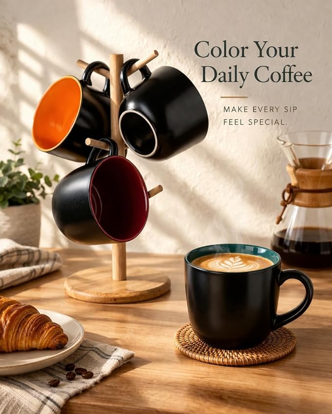 GBhome Jumbo Soup Mugs with Handles, 24 Oz Large Coffee Mugs Set of 4, Ceramic Soup bowls for Soup Cereal Snacks Salad Noodles Cups, Microwave safe - Matte Black, Colorful Inside