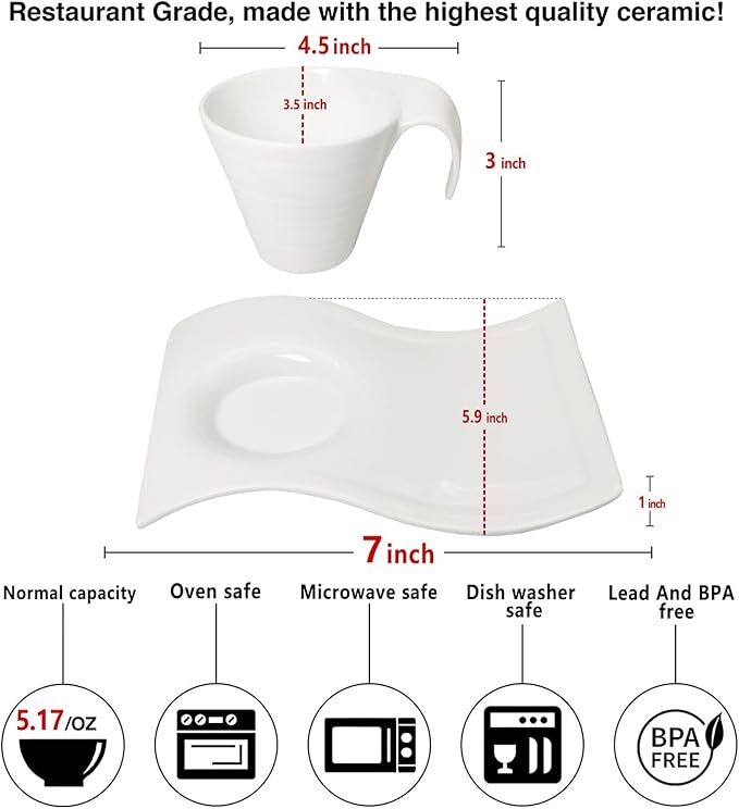 Porcelain Coffee cup and saucer Mugs,5.17 Ounce, Savor Espresso Mugs Cups for Latte, Hot Tea, Cappuccino, Mocha, Cocoa, Mugs Set