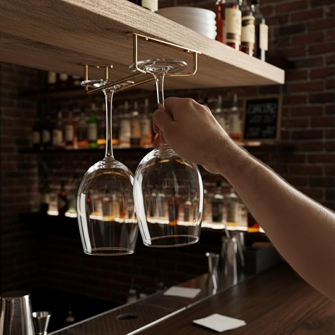 TrueCraftware- 10-Inch Wine Glass Rack Brass Finish Set of 2- Stemware Rack Wire Hanging Rack Under Cabinet Wine Stemware Holder Glass Storage Hanger Organizer for Kitchen and Bar