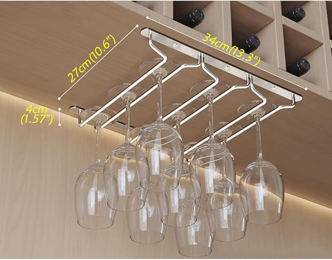CAKERS Under Cabinet Hanging Stemware Display Rack|304 Stainless Steel Wine Glass Holder|Wine Glass Storage Organizer Hanger,3 Rows,27cm(10.6in)