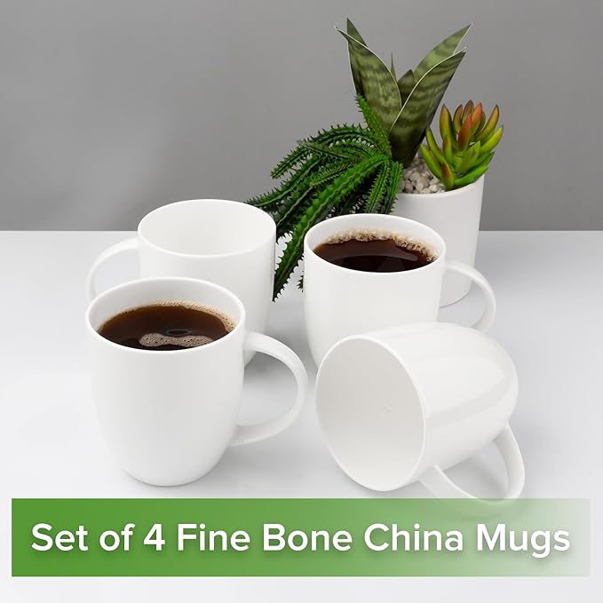 Fine Bone China Coffee Mugs, Tea Cups, 15 oz large Capacity, Set of 4, With light Weight and Thin Thickness Wall, Microwave & Dishwasher Safe, Milk White Fine Glaze, Christmas and Wedding Gift
