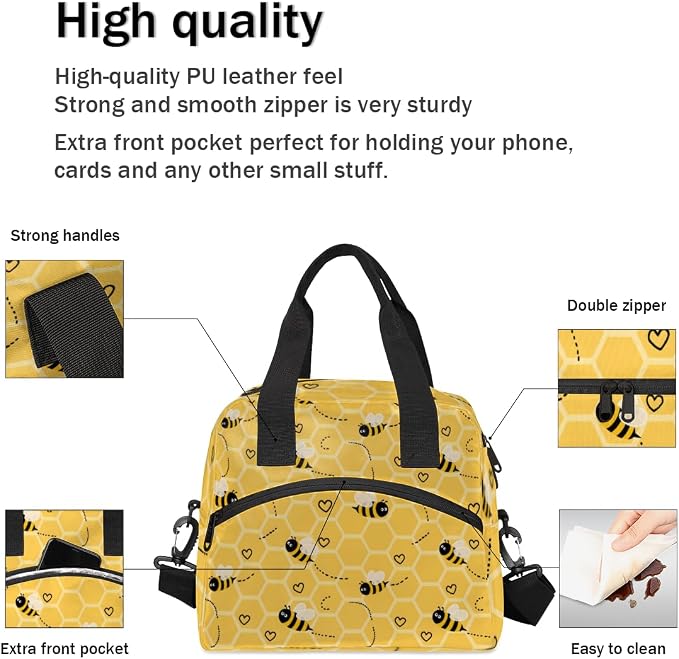 Honeycomb Bees Insulated Lunch Bag for Women Men Reusable Lunch Box Cooler Bag Large Leakproof Lunch Tote with Adjustable Shoulder Strap for Adult Work Picnic Camping Beach Office