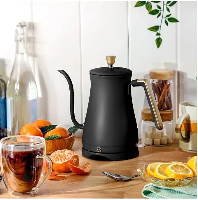 Beautiful Electric Gooseneck Kettle, 1 Liter, 1200W, Stainless Steel Interior, Fast Boil, Precision Pour Spout, Auto Shut-Off & Boil-Dry Protection (Black)