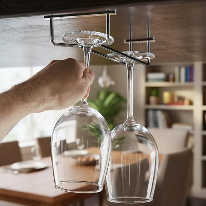 TrueCraftware- 16-Inch Wine Glass Rack Brass Finish Set of 2- Stemware Rack Wire Hanging Rack Under Cabinet Wine Glass Stemware Holder Storage Hanger Organizer for Kitchen and Bar
