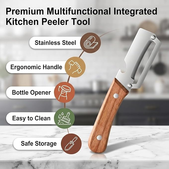 2 Pack Multifunctional Vegetable Peeler, With Wooden Handle and Bottle Opene, Stainless Steel Blade with Ergonomic Wooden Handle, Non-Slip Fruit & Potato Peeler for Kitchen Use