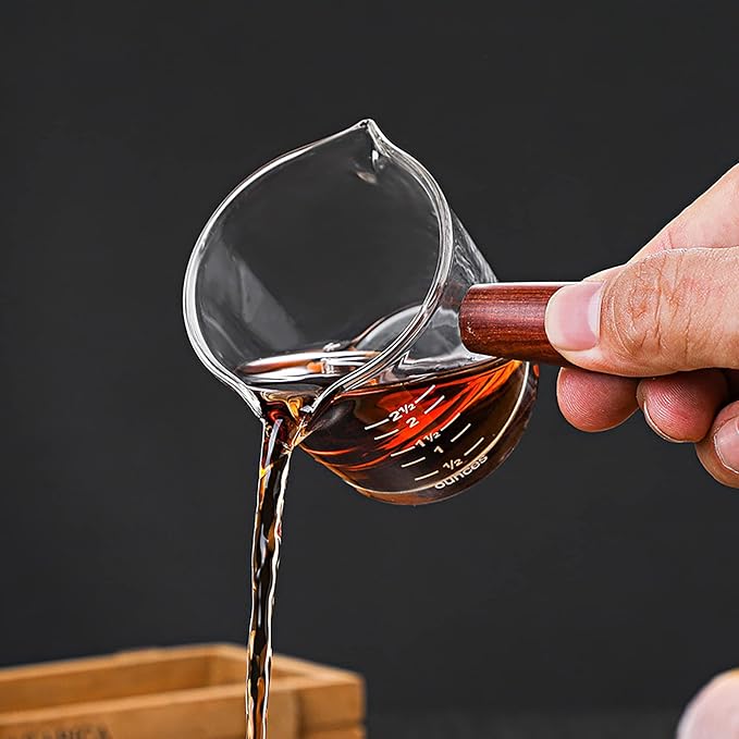 70ml Double Spouts Espresso Cup Shot Glasses Heat-Resistant Measuring Cup Mini Milk Glass Mug with Wooden Handle Clear Scale Ounce for Milk Coffee Espresso Making Heavy Glass Measuring Cup