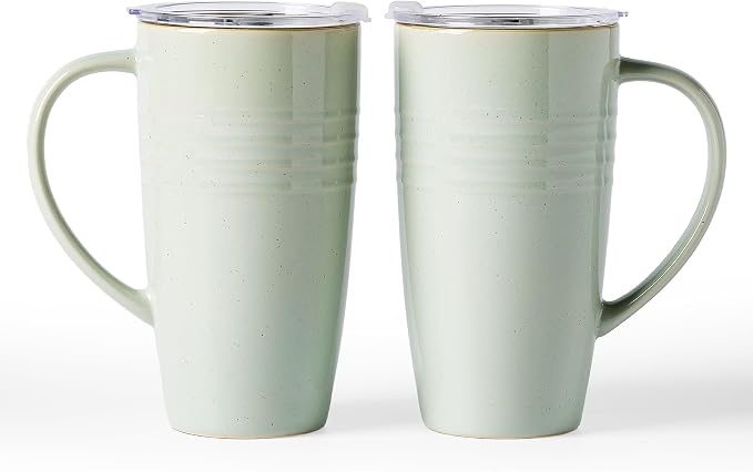 famiware Jupiter Large Coffee Mug, 20oz Coffee Mug with Lid, Ceramic Mugs Set of 2, Cup Set with Handle for Latte, Tea, Cocoa, Milk, Home & Office, Microwave and Dishwasher Safe, Light Green