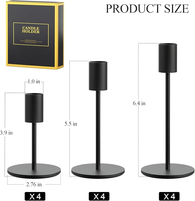 FSyueyun Black Candle Holder Taper Candle Holders, Set of 12 Candle Stick Holders Decor for Mantel Table Centerpiece, Used for Wedding, Dinning, Housewarming Gift