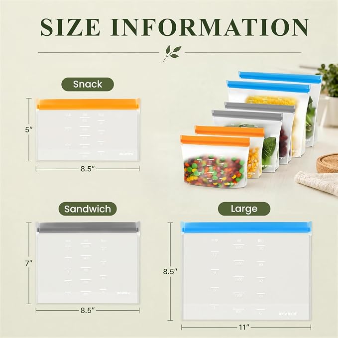 Dishwasher Safe Reusable Storage Bags Stand Up - BPA Free Reusable Sandwich Bags - Leakproof Gallon Freezer Bags, Food Storage Bags - Multicolor 4 Large+ 6 Sandwich + 4 Snack Bags