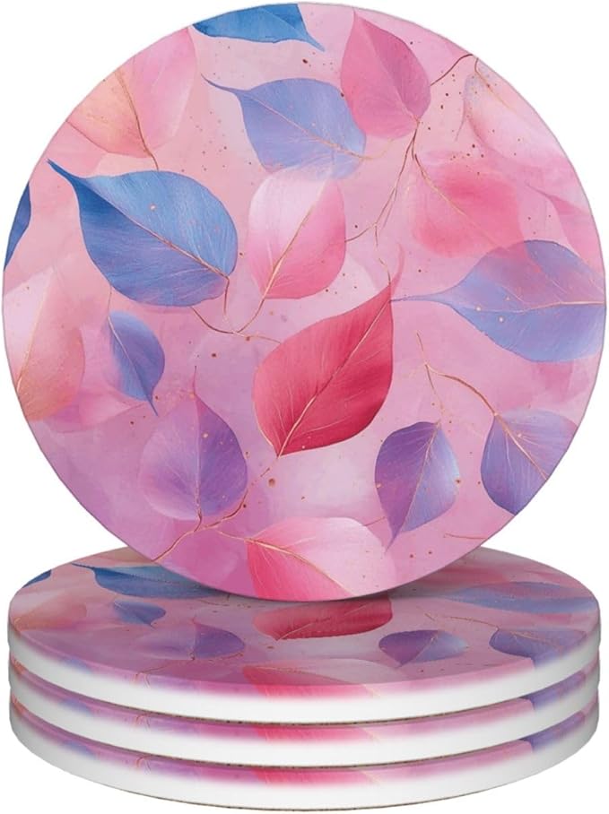 Pink Blue Leaves Coasters Set of 4 Absorbent Ceramic Coasters for Drinks Modern Cup Coaster with Cork Backing Cute Stone Coaster Housewarming Gifts 4.1 Inches