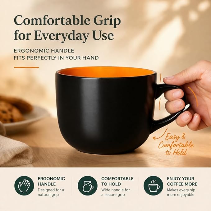 GBhome Jumbo Soup Mugs with Handles, 24 Oz Large Coffee Mugs Set of 4, Ceramic Soup bowls for Soup Cereal Snacks Salad Noodles Cups, Microwave safe - Matte Black, Colorful Inside