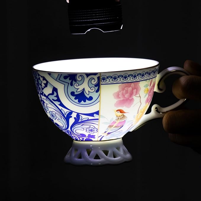 KAMMAK Tea Cups and Saucers Set of 2, Fine Bone China Coffee Cups, Stackable Espresso Mugs, Ceramic Demitasse for Coffee, Cappuccino, Latte, Americano, Tea, Blueprint of Prosperity