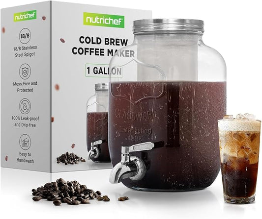 NutriChef 1-Gallon Cold Brew Coffee Maker - Wide-Mouth Glass Mason Jar Style w/Stainless Steel Spigot Tap & Reusable Mesh Filter - Leak Resistant, Drip-Free, & Easy to Clean