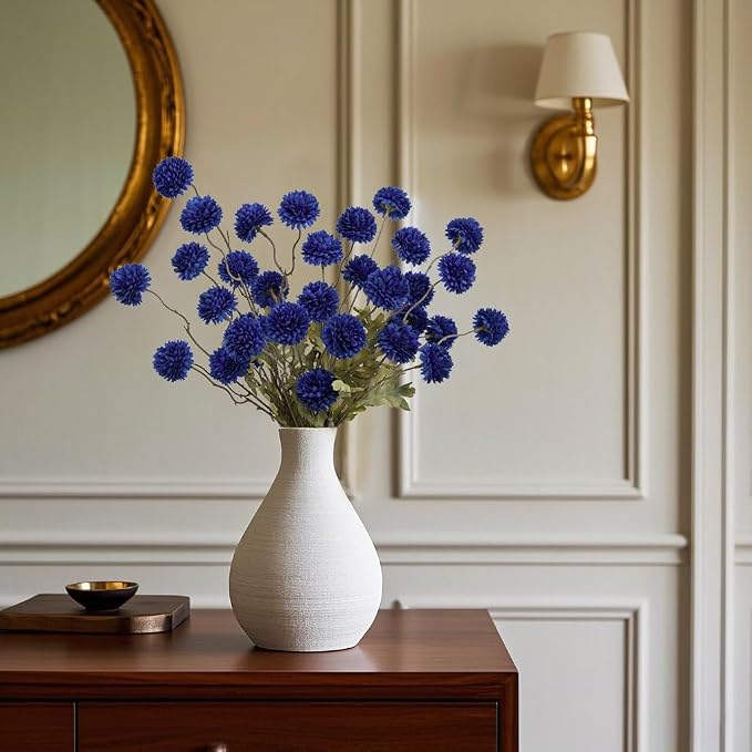 DuHouse 6pcs Artificial Flowers Faux Silk Pompon Mum,Silk Small Mini Chrysanthemum Ball with Stems for DIY Wedding Bouquets Centerpieces Vase Home Table Kitchen Decorations(Dark Blue)