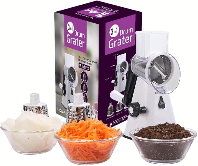 Rotary Cheese Grater - Multipurpose Kitchen Mandoline Slicer with 3 Stainless Steel Blades, Secure Suction Base, Easy to Clean, Ideal for Cheese, Vegetables, Nuts
