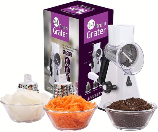 Rotary Cheese Grater - Multipurpose Kitchen Mandoline Slicer with 3 Stainless Steel Blades, Secure Suction Base, Easy to Clean, Ideal for Cheese, Vegetables, Nuts