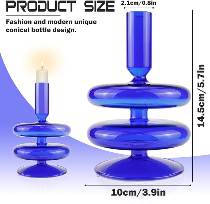 Glass Candle Holder for Taper Candles,Clear Decorative Candle Sticks Holders for Wedding Valentines Day Birthday Party Centerpiece (Dark Blue)
