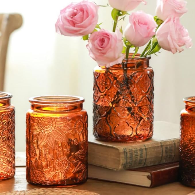 ANSQU Vintage Glass Kitchen Storage Counter Jar, Candy Jars with Lids, Coffee Container for Ground Coffee, Mason Jar Hold Coffee Beans, Tea, Sugar, Bath Salts & More, 23.7 FL OZ (Amber, 1Pack)