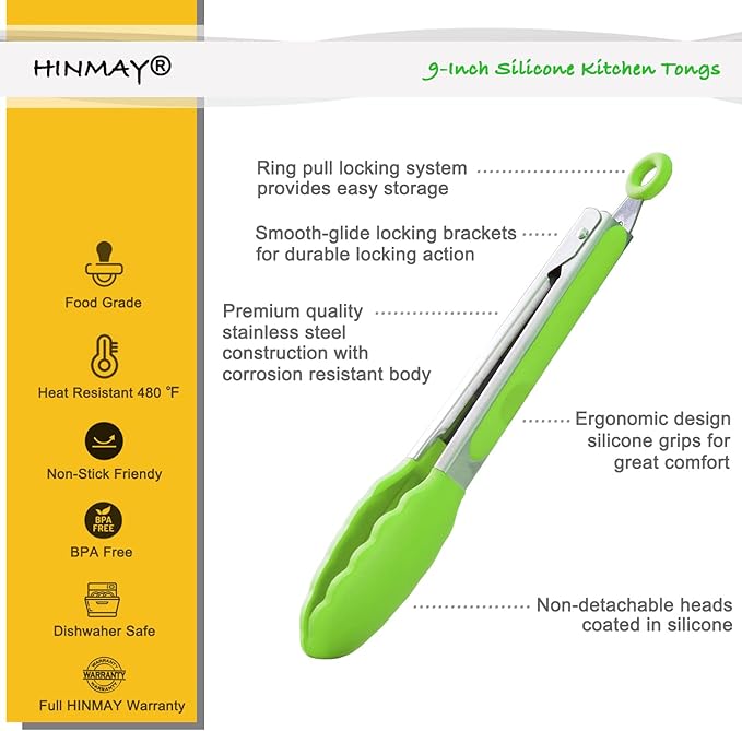 HINMAY Silicone Tongs 9-Inch Stainless Steel Locking Kitchen Tongs, Set of 3 (Green)