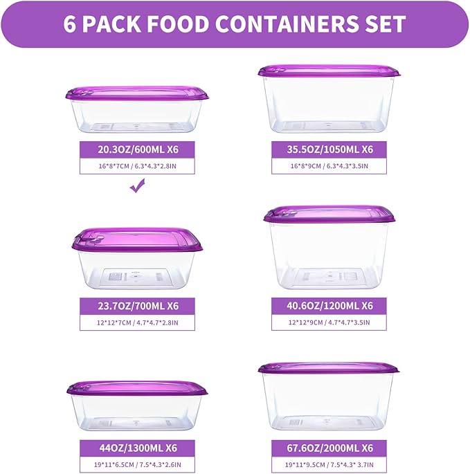 KIGI Food Containers with Lids, BPA Free Plastic, Clear & Stackable, Reusable Plastic Containers with Snap-on Lids for Leftovers, Microwave & Freezer Safe (20 oz 6 PACK)