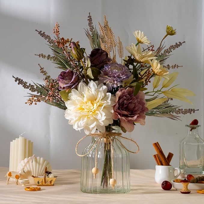 LESING Dahlia Flower Aritificial Flower with Vase Fake Silk Flowers in Glass Vase Faux Rose Flowers Arrangement for Home Office Table Centerpiece Decoration (Purple)