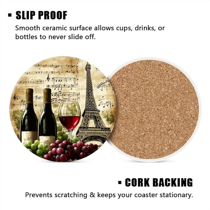 Ceramic Drink Coasters Absorbent Set of 1, Wine Grapes and Eiffel Tower Round Anti Slip Modern Cup Coasters for Desk Kitchen Office Housewarming Hostess Gifts (4 * 4 Inch)