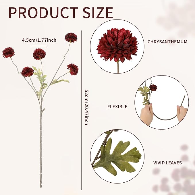 DuHouse 6pcs Artificial Flowers Faux Silk Pompon Mum,Silk Small Mini Chrysanthemum Ball with Stems for DIY Wedding Bouquets Centerpieces Vase Home Table Kitchen Decorations(Burgundy)