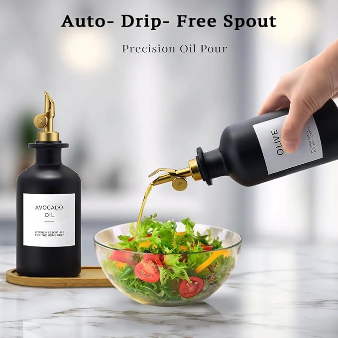 Olive Oil Dispenser Set, 2 x 11.8oz Black Glass Bottles with Auto-Flip Spouts & 2 Capped Spare Spouts, Bamboo Tray, Oil & Vinegar Cruet (Black)