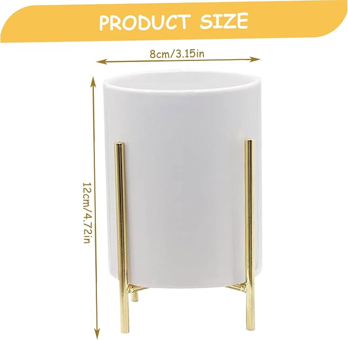 Ceramic Utensil Holder with Metal Frame 3.6x4.3, Countertop Kitchen Utensil Caddy for Spoon Fork Cutlery Storage, Tabletop Organizer Vase, Gold